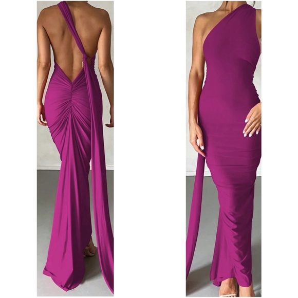 Luxe Backless Asymmetrical Neck Bodycon Party Formal Dress - Picture 3 of 8